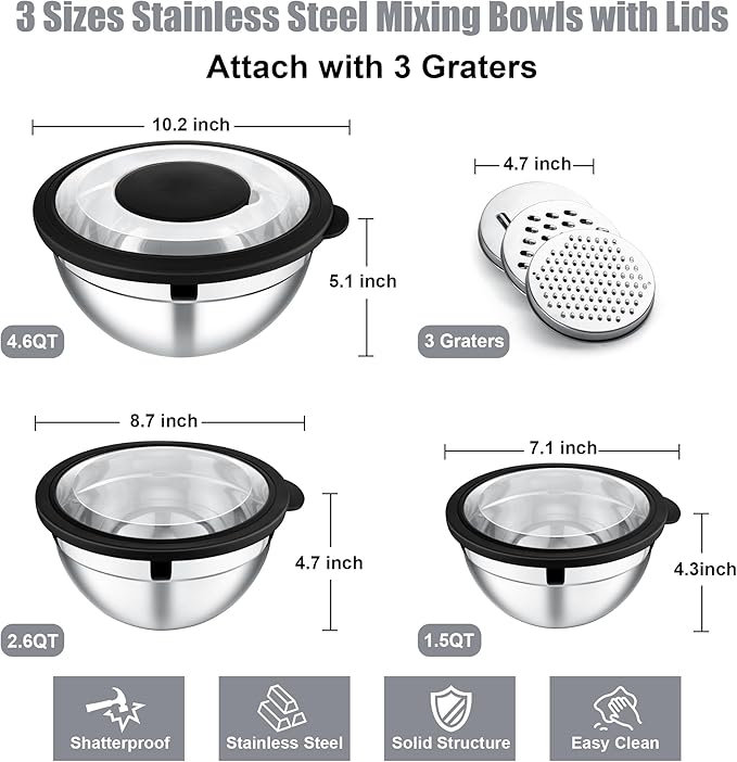 E-far Mixing Bowls with Lids and Graters, Stainless Steel Salad Mixing Bowl with Transparent Lid Set of 3, Metal Nesting Salad Storage for Kitchen Prepping/Serving/Baking, 4.6/2.6/1.5QT - Black