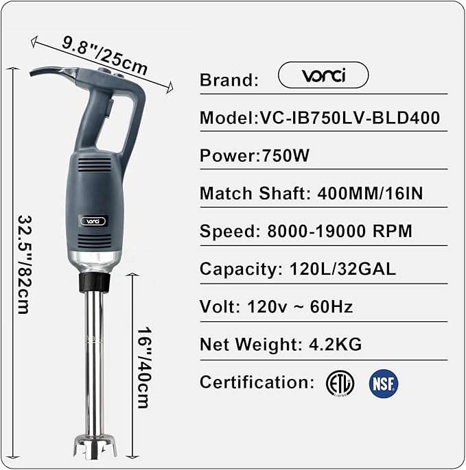 VONCI 750W Commercial Immersion Blender, Electric Hand Blender with 16" Detachable Shaft, Variable Speed 8000-19000RPM,Industrial Immersion Blender for Restaurant Kitchen.Extra Heavy Duty Hand Mixer.