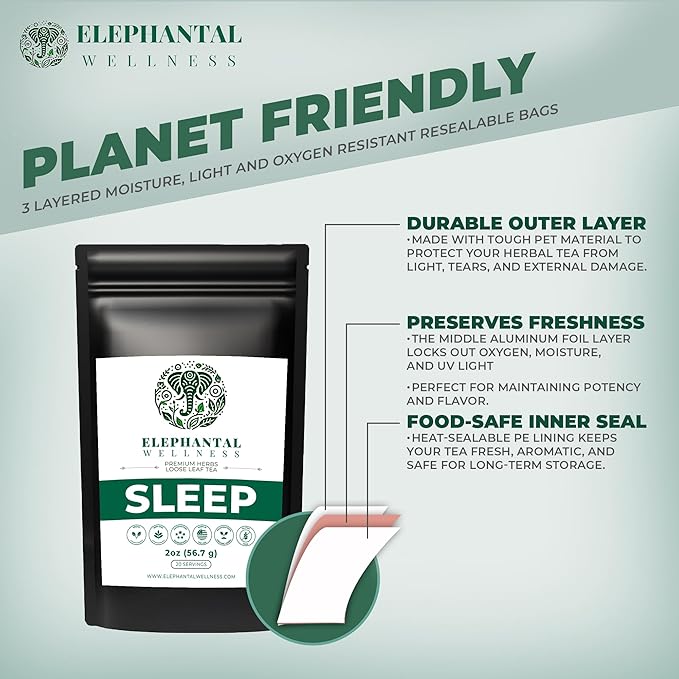 Elephantal Wellness Premium Sleep Herbal Tea | Deep Rest & Relaxation Support with Valerian Root, Passionflower, Chamomile, Lemon Balm Tea & Skullcap | Handmade, Caffeine-Free, Non-GMO Loose Leaf Blend, 2oz, 20 Servings