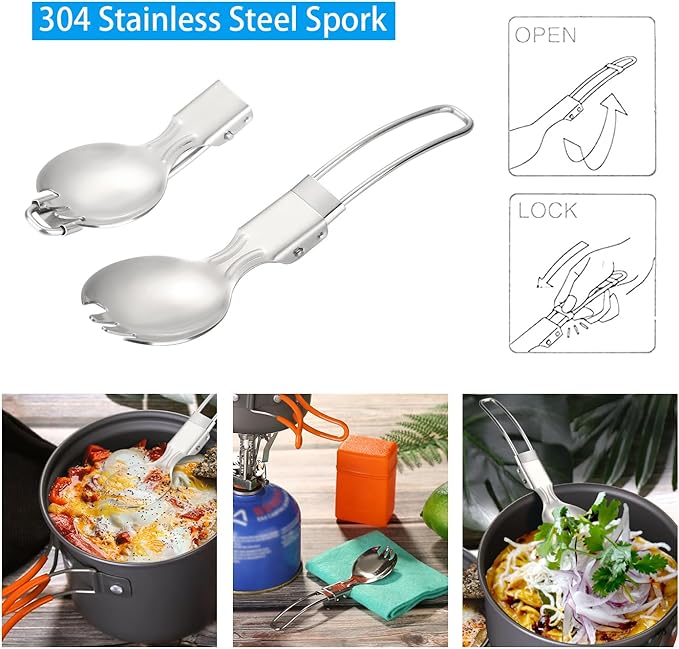 Odoland 6pcs Camping Cookware Mess Kit with Lightweight Pot, Stove, Spork and Carry Mesh Bag, Great for Backpacking Outdoor Camping Hiking and Picnic