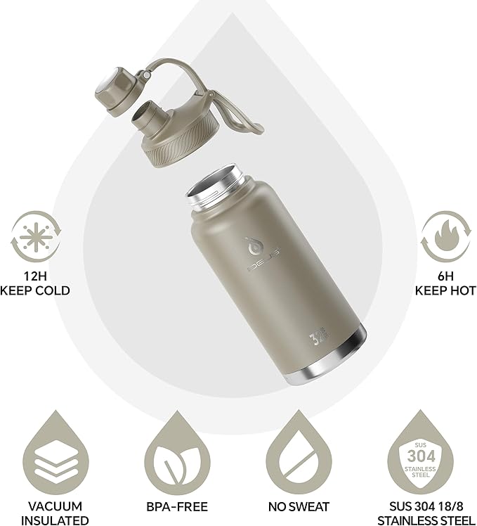 IDEUS Insulated Stainless Steel Water Bottle with 2 Leak-Proof Lids, Thermal Water Flask for Hiking Biking, 32oz, Celadon