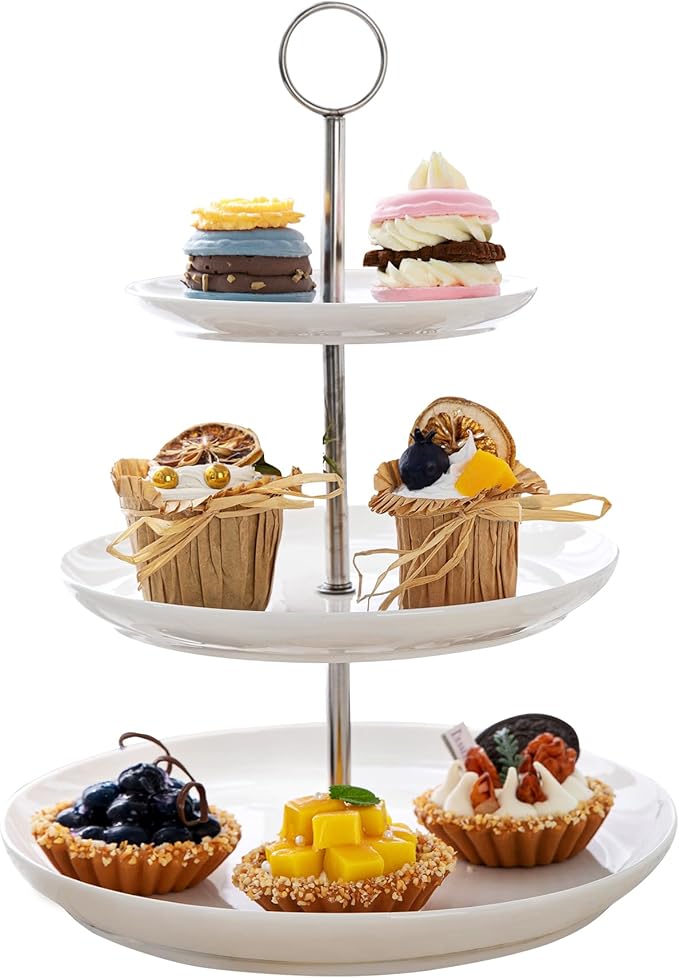 Sweese 3 Tier Cupcake Stand- White Porcelain Cake Stand- Dessert Stand, Tiered Serving Trays for Parties