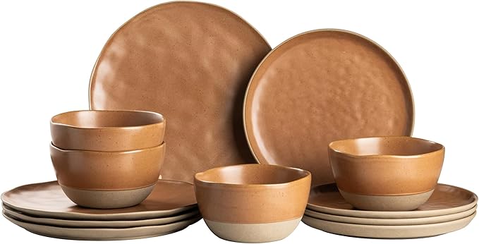 12 Pieces Dinnerware Sets,Plates and Bowls Sets, Handmade Reactive Glaze Dishes Set for 4 with at Least 10% Recycled Ceramic(Brownish Red)