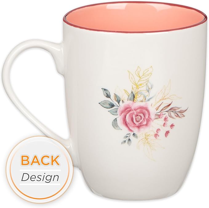 Christian Art Gifts Encouraging Ceramic Coffee & Tea Mug for Women: Rosy Pink Floral Cross, Microwave & Dishwasher Safe Cup, Cute Lead-free Inspirational Encouraging Novelty Drinkware, White, 12 oz.