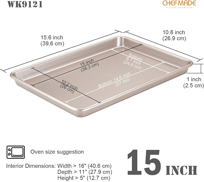 CHEFMADE 15-Inch Baking Sheet Pan, Non-Stick Carbon Steel Rimmed Cookie Sheet Pan for Oven Roasting Meat Bread Jelly Roll Battenberg Pizzas Pastries 10.6" x 15.6" x 1" (Champagne Gold)