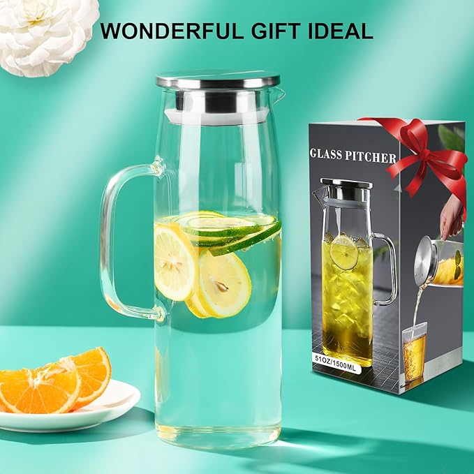 PARACITY Glass Pitcher with Lid and Spout 50oz/ 1.5L, Hot/Cold Water Pitcher, Iced Tea Pitcher for the Shelf of Fridge, Easy to Clean, High Borosilicate Glass Pitcher for Lemonde, Juice and Milk