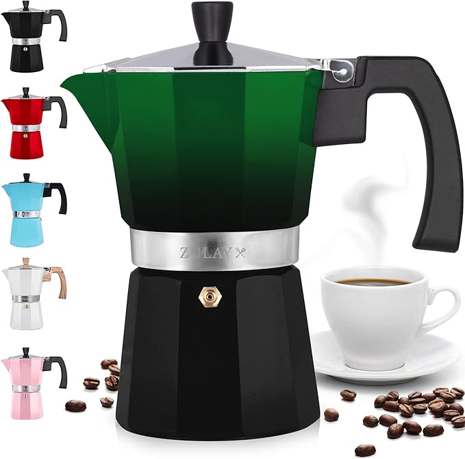 Zulay Kitchen Stovetop Espresso Maker - Moka Pot 6 Espresso Cups - Percolator Coffee Maker for Classic Cuban & Italian Style Espresso - Portable Coffee Maker for Camping & Travel - (Green/Black)