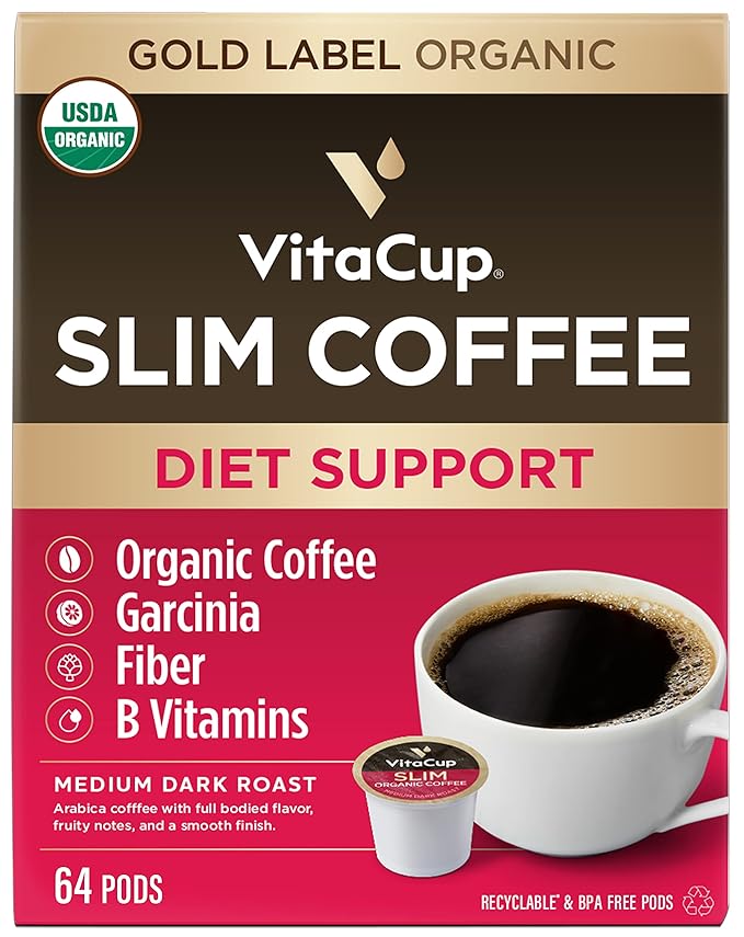 VitaCup Slim Organic Coffee Pods, Diet Support with Ginseng, Garcinia, B Vitamins, Bold Medium Dark Roast, Single Serve Pod, Compatible with Keurig K-Cup Brewers,64 Ct