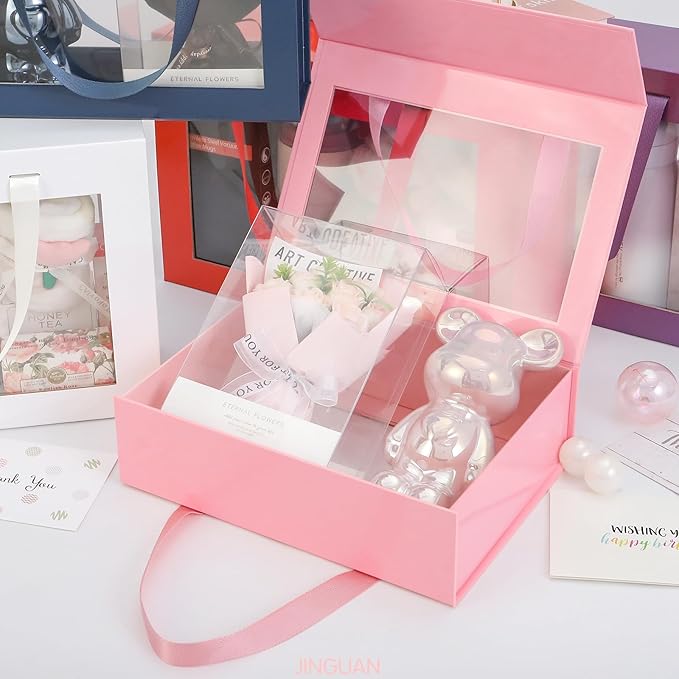 Pink Gift Box with Window, Clear Magnetic Gift Box with Handle for Present, Bridesmaid Proposal Box (10.5x7.5x3 Inches
