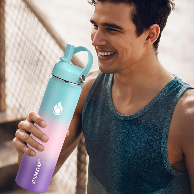 SENDESTAR Water Bottle 40oz Double Wall Vacuum Insulated Leak Proof Stainless Steel Sports Water Bottle—Wide Mouth with New Flex Straw Lid & Spout Lid (Hydrangea)