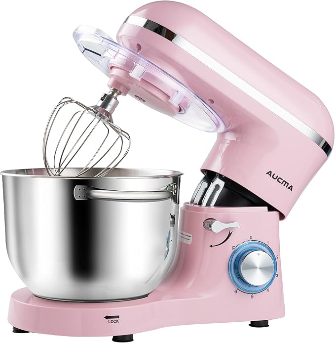 Aucma Stand Mixer,6.5-QT 660W 6-Speed Tilt-Head Food Mixer, Kitchen Electric Mixer with Dough Hook, Wire Whip & Beater (6.5QT, Pink)