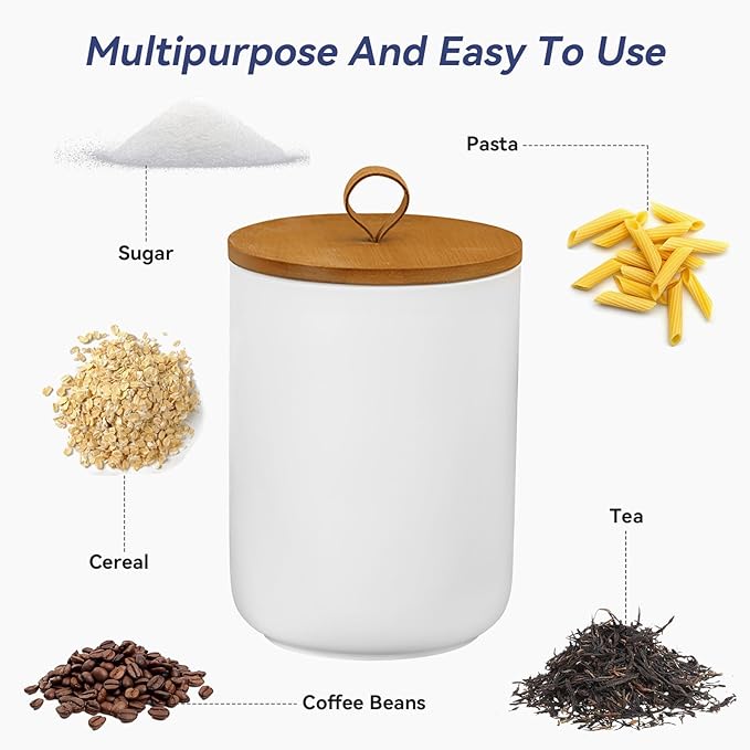 Ceramic Storage Jars, Modern Elegant Polished Airtight Gorgeous Storage Canisters with Wooden Lid Small Food Stroage Jar for Kitchen Spice Tea Vanilla Sugar Coffee Beans (3Pcs Suit White)