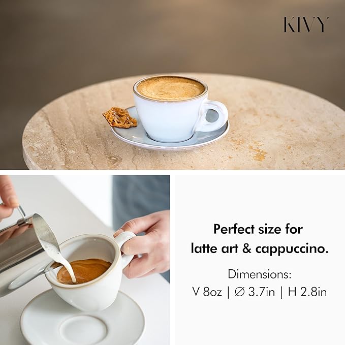 KIVY Cappuccino Cups Set of 4 [Set 4x 8oz] - Thick-Walled Stoneware Cappuccino Cup Set for Latte Art - Latte Art Mugs - Italian Capuccino Cups - Capuccino Ceramic Latte Cup and Saucer - Yellow