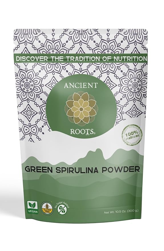Ancient Roots Green Spirulina Powder - Freeze-Dried, All-Natural, No Sugar Added, Mix with Smoothies, Natural Food Coloring, Resealable Pouch - 10.5 Ounces (75 Servings)