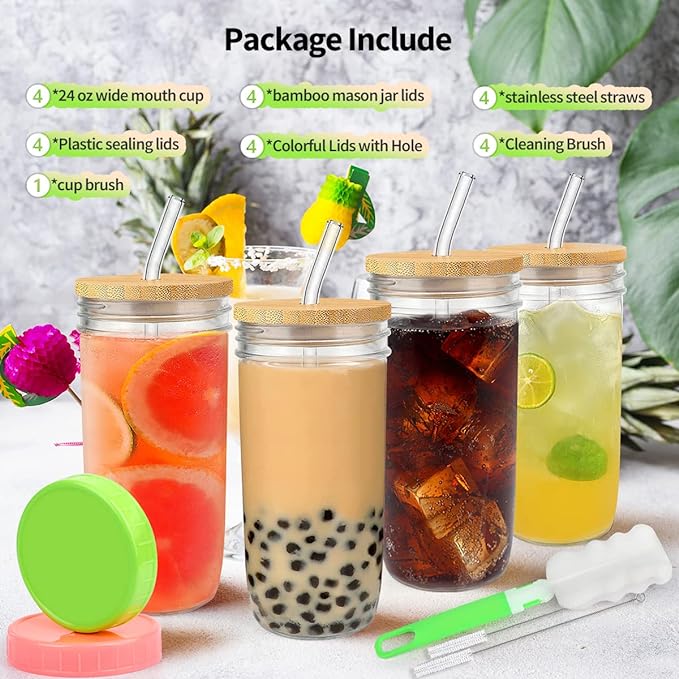 4-Pack 24oz Glass Cups with Lids and Straws - Wide Mouth Mason Jars, 12 Lids (Bamboo/Plastic) & 8 Straws - Reusable Tumblers for Smoothies, Iced Coffee