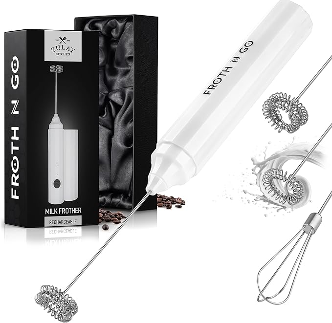 Zulay Kitchen FrothMate Powerful Milk Frother Portable & Compact Handheld Foam Maker Lattes, Cappuccinos (Blizzard White, Froth N Go)