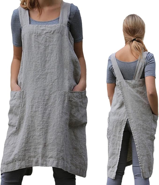 ZQFFB Pinafore Cross Back Apron for Women with Pockets Japanese Smock for Work Gardening Cooking Painting Baking