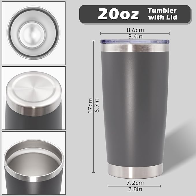 20oz Tumbler Bulk Stainless Steel Tumblers with Lid Vacuum Insulated Double Wall Travel Coffee Mug Powder Coated Tumbler Cup for Hot and Cold Drinks(Grey, 1 pack)