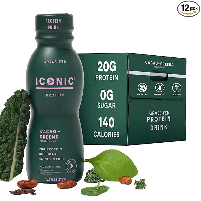 ICONIC Protein Shake, Cacao + Greens (12 Pack) – 20g Grass-Fed Protein Drink – Low Carb, Sugar Free, Keto Friendly – Lactose Free, High Protein Snack or Meal Replacement Shake