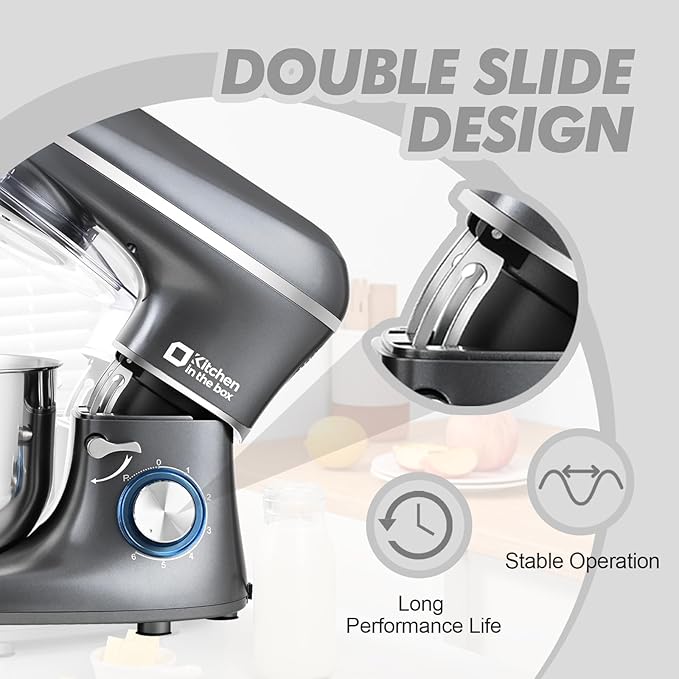 Kitchen in the box Stand Mixer, 6.5QT 660W Kitchen Electric Mixer, 6-Speed Tilt-Head Food Mixer with Dough Hook, Wire Whip, Beater, Dishwasher Safe (Grey)