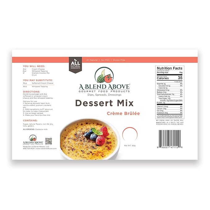 A Blend Above Creme Brulee No-Bake Dessert Mix, 3 Pack, No-Bake Cheesecake, Fruit Dip, Dessert Mix, Bagel Topping, Frosting, Cheesecake Filling, Quick and Easy to Make, Makes 16 Ounces, Cream Cheese,