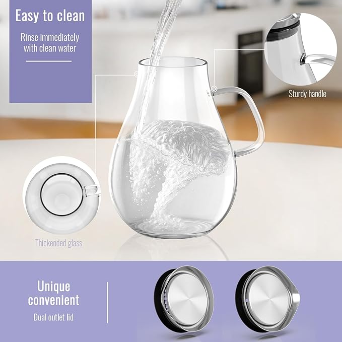 Glass Pitcher, 51 oz Glass Water Pitcher Jug Carafe, 0.4 Gallon Clear Tea Pitchers With Handle And Lid, Pitcher With Lid And Spout for Hot/Iced Water Milk Juice Coffee Fruit