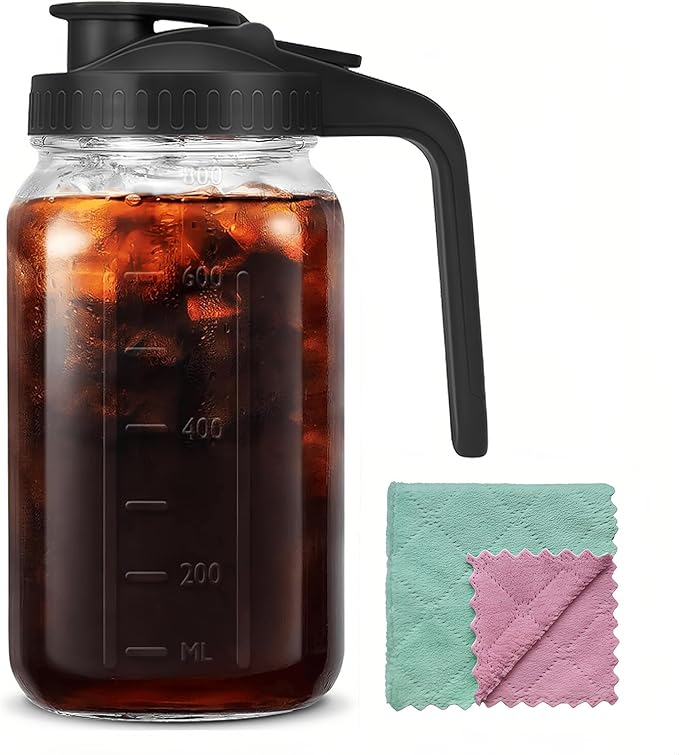 32oz Glass Pitcher Carafes With Handle and Lid, 1 Quart Mason Jar, Large Water Jug, Glass Containers for Fridge, Water Pitcher for Juice, Iced & Sun Tea, Cold Brew Coffee, Homemade Beverage