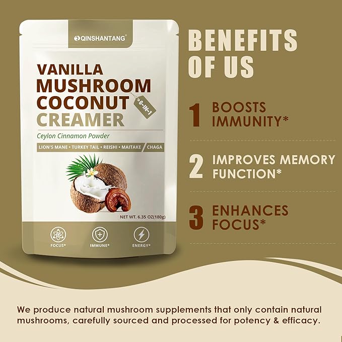 Mushroom Coffee Creamer, Vanilla Coconut Creamer, 5 Mushrooms and Ceylon Cinnamon Powder | Lion's Mane, Turkey Tail, Reishi, Maitake, Chaga, Cordyceps | Upgraded Formulation, Easy to Enjoy | 6.35 Oz
