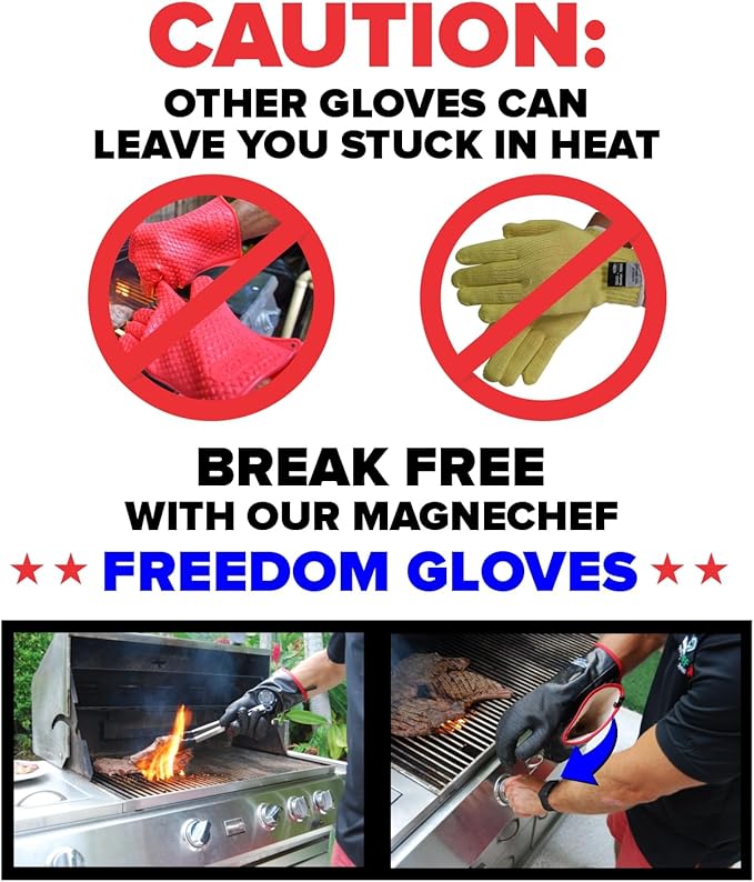 Freedom BBQ Gloves 932°F Heat Rated Magnetic EZ On Off Safety Clips Waterproof for Grills Smokers Fryers Ovens (14")