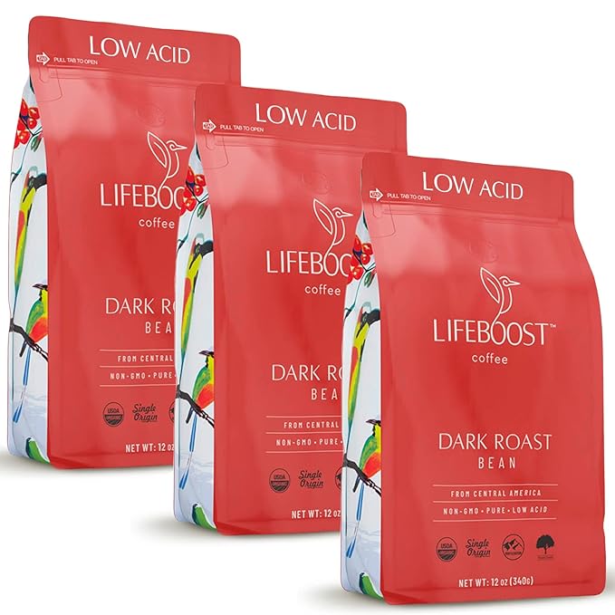 Lifeboost Dark Roast Whole Bean Coffee - Non-GMO Low Acid Single Origin USDA Organic Coffee - Third Party Tested For Mycotoxins & Pesticides - 12 Ounces (Pack of 3)