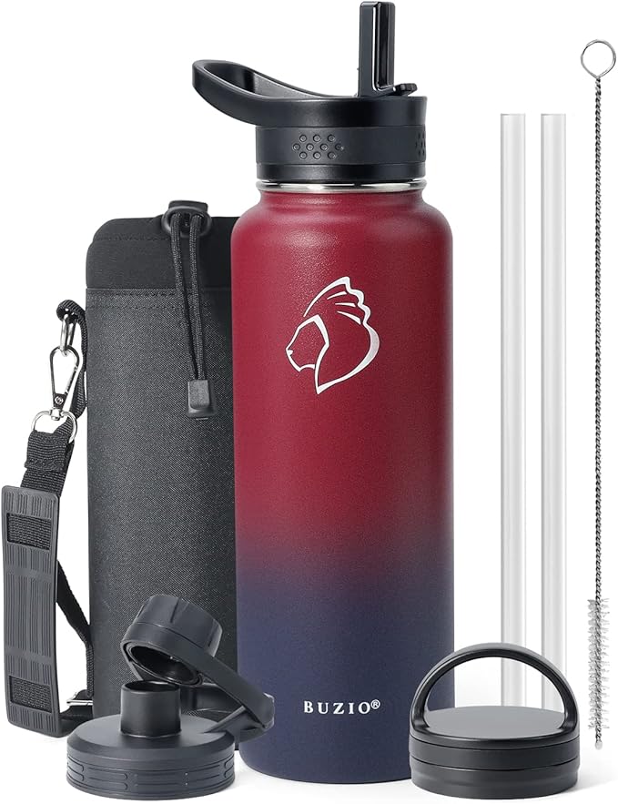 BUZIO 40 oz Water Bottle Insulated with Straw & 3 lid and Carrying Pouch, Leak Proof Anti-Slip Stainless Steel Water Flask Jug, Cold for 48 Hrs Double Vacuum Thermo Canteen, BPA-Free, Ruby Red Navy