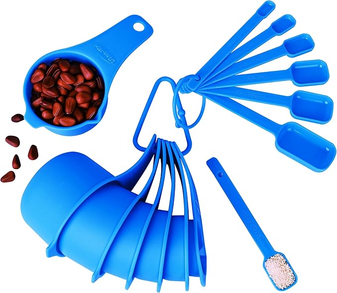 Blue Measuring Cups and Spoons Set 15, 7 Plastic Measuring Cup Set, 7 Spice Long Handle Measuring Spoons with 1 Leveler for Kitchen and Baking, Dry Metric Measure Cups & Spoons Set