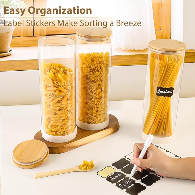 73oz Round Glass Storage Containers with Bamboo Lids – 3 Pack Large Airtight Clear Food Jars for Pantry Organization, Kitchen Dry Food, Flour, Pasta, Coffee Beans, Staples & Snacks