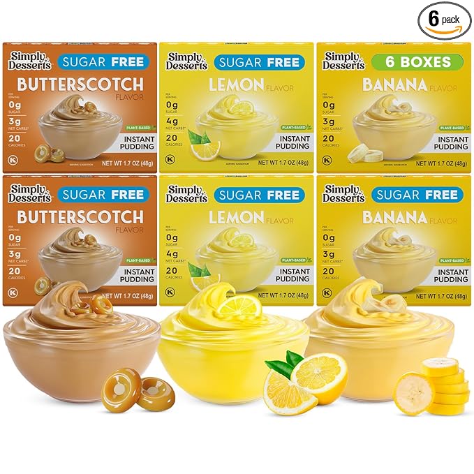 Simply Desserts Banana, Butterscotch & Lemon Instant Pudding, Sugar-Free, Variety 6-Pack – Healthy Dessert, Keto Snacks, Vegan & Diabetic-Friendly, Kosher, 1.7 Oz Ea