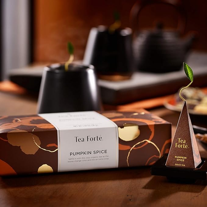 Tea Forte Pumpkin Spice Black Tea Petite Presentation Box Tea Gift Set Sampler, 10 Individually Wrapped Handcrafted Pyramid Infuser Bags