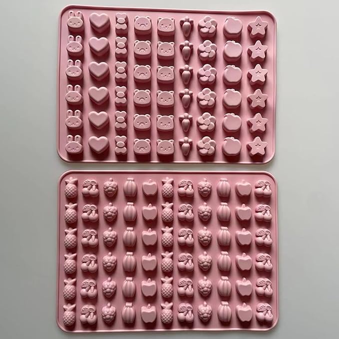Mini Silicone Molds,120 Cups Chocolate Drops Mold,Fondant Cake Mold for Chocolate,Hard Candy,Biscuits,Cookie,Jelly,Sugarcraft,Homemade Treats and DIY Baking,2 Pack(66 Fruit & 54 Animal) Pink