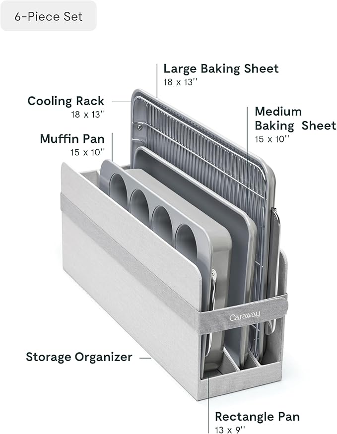 Caraway Nonstick Ceramic Bakeware Set (5 Pieces) - Baking Sheets, Assorted Baking Pans & Storage - Aluminized Steel Body - Non Toxic, PTFE & PFOA Free - Gray