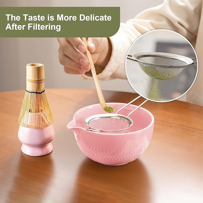 Matcha Whisk Set Pink, Ceramic Matcha Set Included Matcha Bowl with Spout, Matcha Whisk and Holder, Sifter, Bamboo Scoop, 5 Pcs Matcha Bowl and Whisk Kit for Matcha Lovers for Birthday Christmas