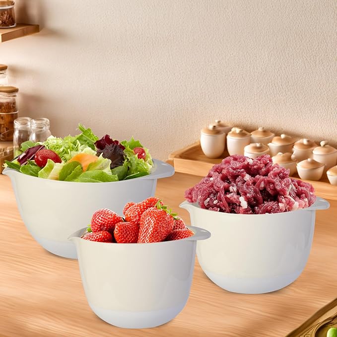 3 Plastic Mixing Bowls with Pour Spout,Lids and TPR Non-Slip Bottom,3Qt,2Qt,1.5Qt,Nesting Bowl Set for Kitchen Prep,Baking,Storage,Batter,Small,BPA free,Dishwasher Safe,Easy to Grip,White