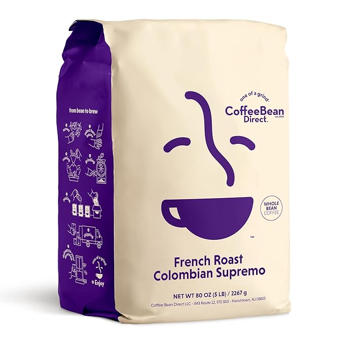 Coffee Bean Direct French Roast Colombian Supremo, Whole Bean Coffee, Dark Roast, 5 Pound Bag (Pack of 1)