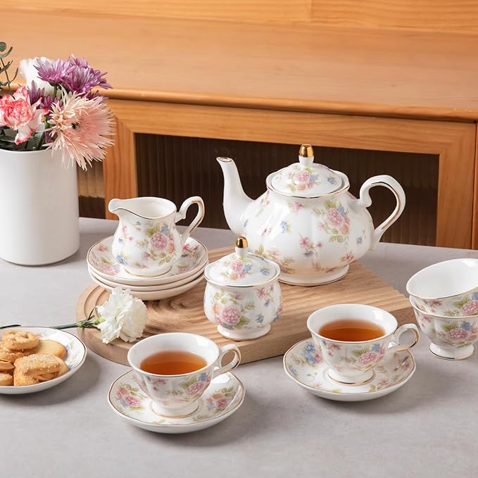 Sweejar Ceramic Teapot with Infuser, Floral Relief Gold Rimmed Teapot, 29 OZ Porcelain Tea Pot for Blooming and Loose Tea, Coffee...(Small Flower)