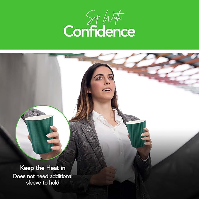 Restaurantware-12 Ounce Disposable Coffee Cups, 500 Ripple Wall Hot Cups For Coffee - Lids Sold Separately, Rolled Rim, Forest Green Paper Insulated Coffee Cups, For Hot Coffee, Tea, And More