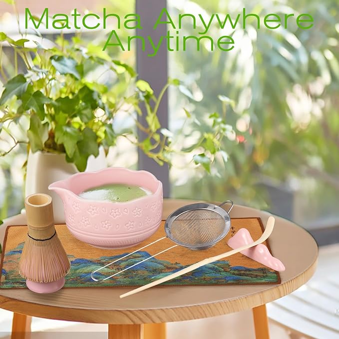 Matcha Whisk Set, Japanese Ceramic Matcha Bowl with Spout, Bamboo Whisk, Sifter, Scoop, Holder, Tea Cloth, 7-Piece Ceremonial Matcha Kit, Gift for Tea Lovers (pink)