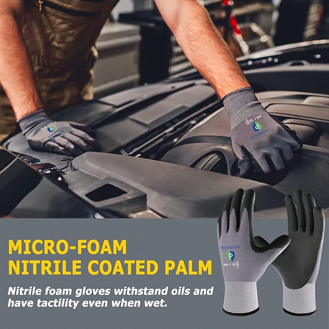 PROMEDIX P Nitrile Coated Work Gloves,MicroFoam Safety Work Gloves Men,Seamless Knit Nylon&spandex Gloves with Grip