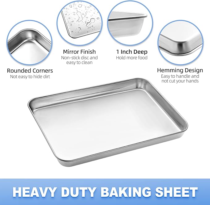 Baking Sheet with Cooling Rack (1 Cookie Sheet + 1 Baking Rack), Stainless Steel Small Baking Sheet Pan with Wire Rack, Toaster Oven Pans Size 10.4 x 8 x 1 Inch, Non-toxic & Heavy Duty & Non-stick