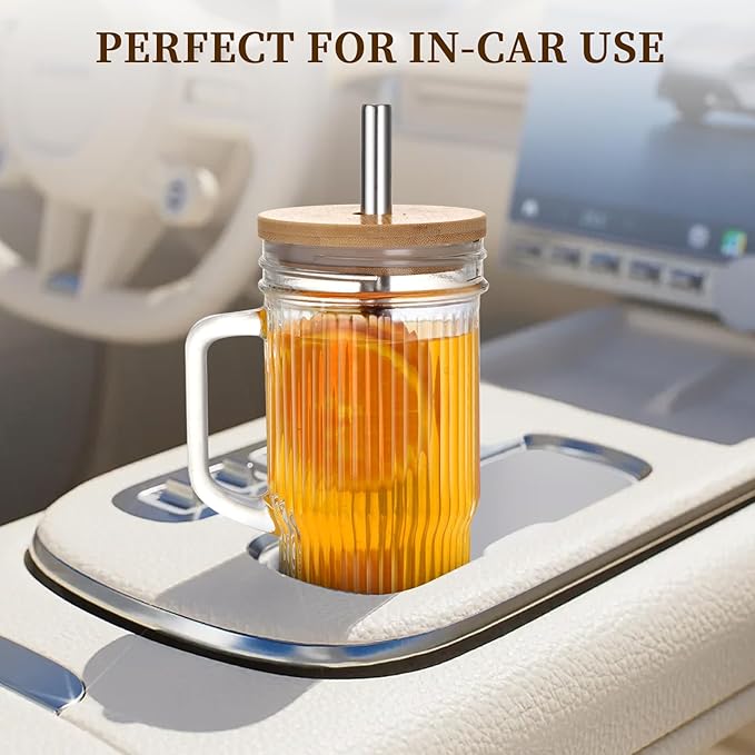 24Oz Ribbed Glass Tumblers with Lids and Straws, Glass Tumbler with Handle, Vintage Glass Cups Thick Drinking Glasses Set of 4, Ideal for Iced Coffee, Smoothies, Cocktails, Tea and Juices
