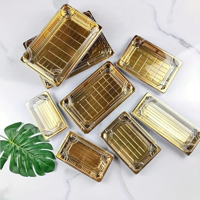 10 Pack Gold Rectangular Sushi Containers with Clear Lids – Disposable Plastic Food Boxes for Party, Takeout & Catering – Elegant, Stackable Trays for Sushi, Snacks & Desserts(Model No.1105)