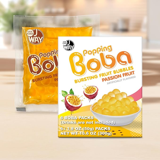J WAY Bursting Popping Passion Fruit Boba Pearls, Passion Fruit Syrup, Non-Dairy, Fat-Free Popping Tapioca Boba for Beverages, Sweets, Ice Cream, 1.8oz (Pack of 6)