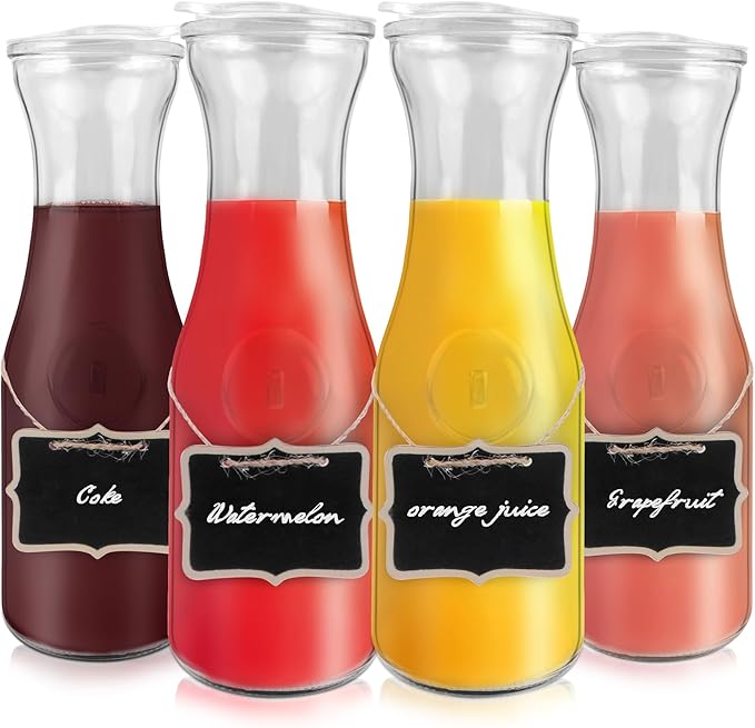 Glass Carafe with Acrylic Lid,35 Oz Beverage Dispensers Carafe,Mimosa Bar Supplies,Clear Glass Pitcher with Name Labels for Iced Tea,Coffee,Juice(Set of 4)