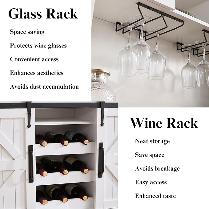 Coffee Bar Cabinet with Sliding Barn Doors 71'' Farmhouse White Pantry Cabinet with Drawers & Wine Glass Rack Rustic Buffet Cabinet for Kitchen, Brown